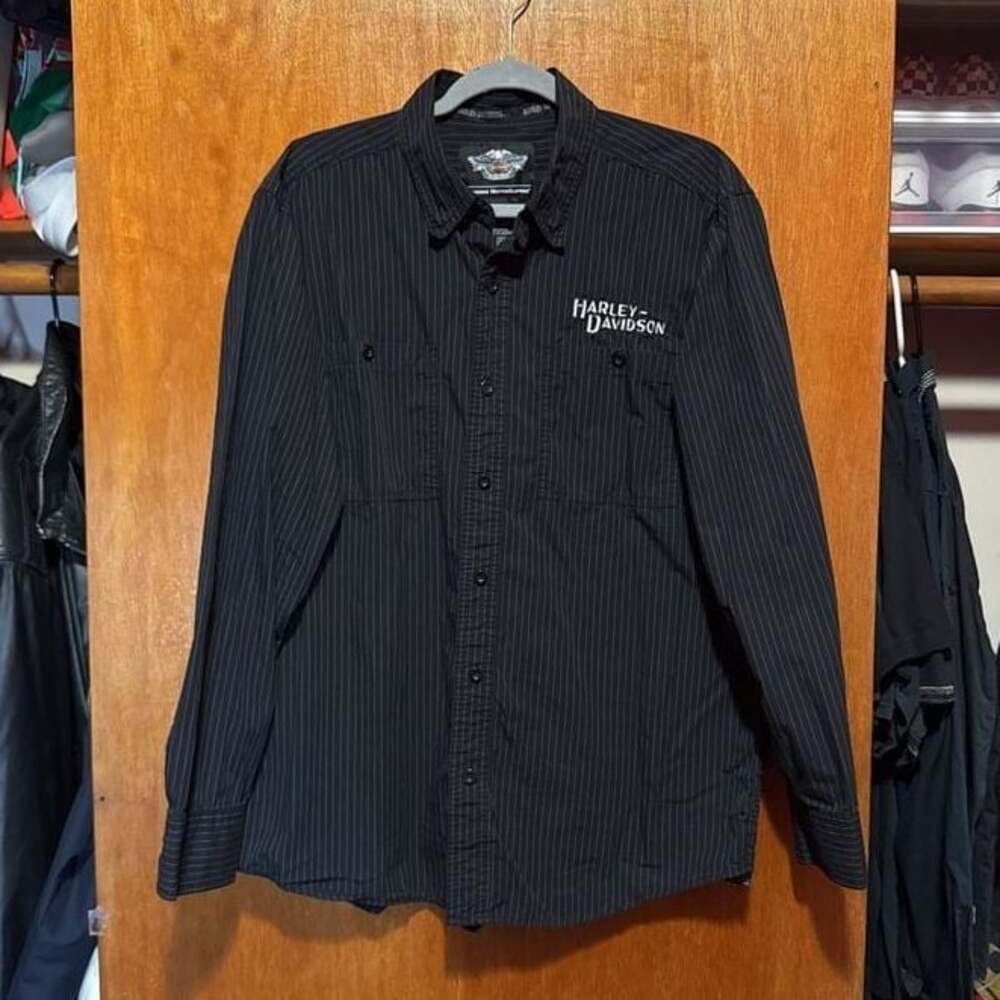 Harley Davidson Mens Black Pinstripe Long Sleeve Button Front Shirt